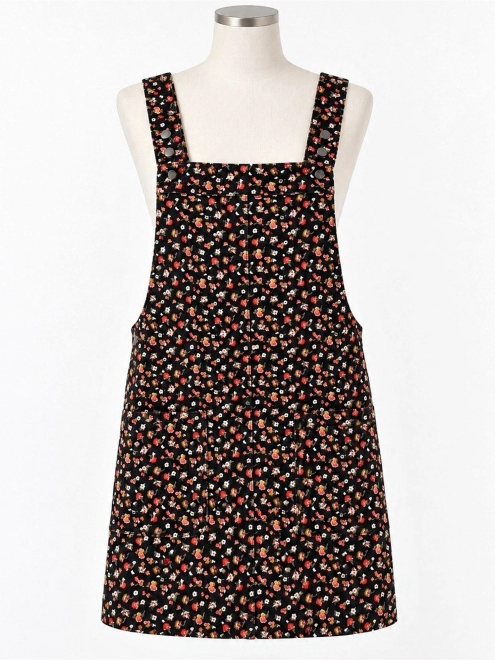 Xhilaration Black Floral Corduroy Pinafore Overall Dress Size Small